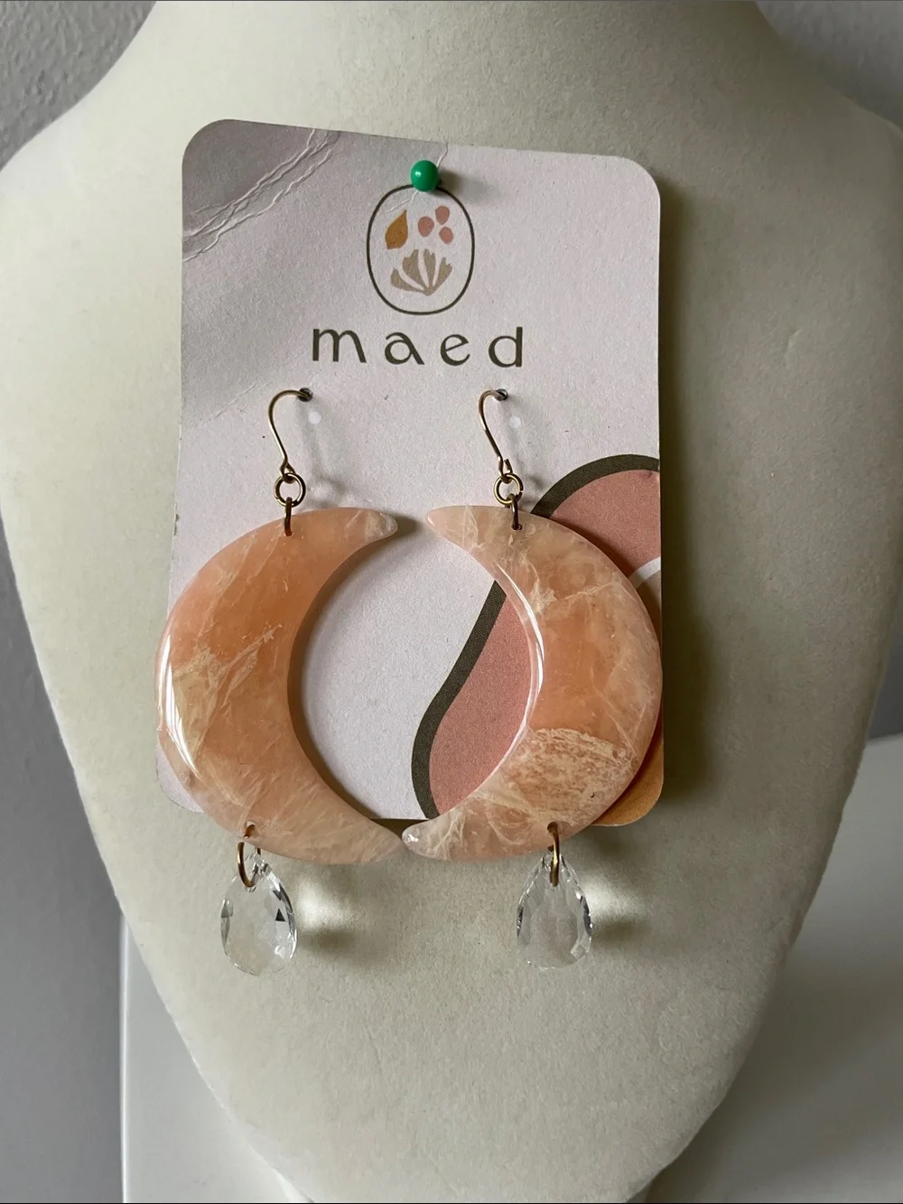 Handmade Rose Quartz Pink Clay Crescent Moon Drop Earrings